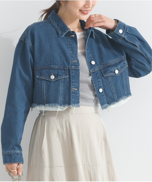 OandI(オーアンドアイ)の「デニムクロップドジャケット(デニムジャケット・レディース・ブルー/ケミカルウォッシュ・FREE)」の2枚目の写真