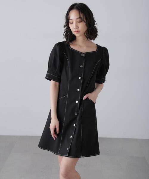 FREE'S MART（フリーズマート）の「◆配色ステッチ前開きミニワンピース（ワンピース・レディース・ホワイト/ブラック/グレー・SMALL/MEDIUM）」の5枚目の写真