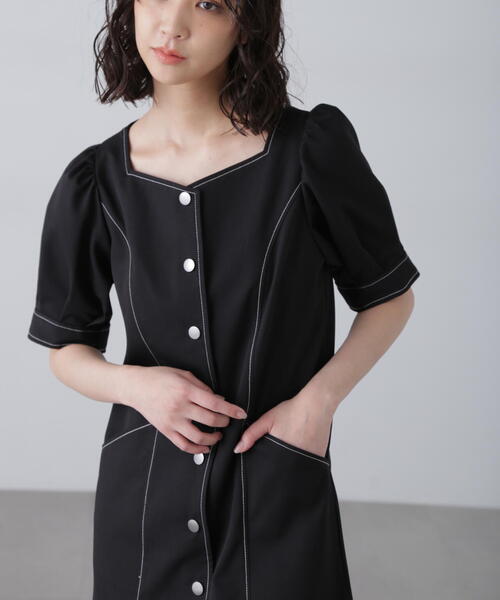 FREE'S MART（フリーズマート）の「◆配色ステッチ前開きミニワンピース（ワンピース・レディース・ホワイト/ブラック/グレー・SMALL/MEDIUM）」の8枚目の写真