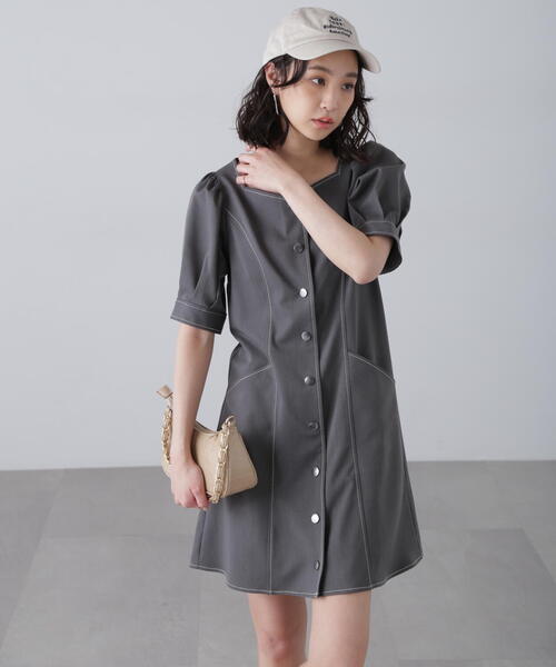 FREE'S MART（フリーズマート）の「◆配色ステッチ前開きミニワンピース（ワンピース・レディース・ホワイト/ブラック/グレー・SMALL/MEDIUM）」の13枚目の写真