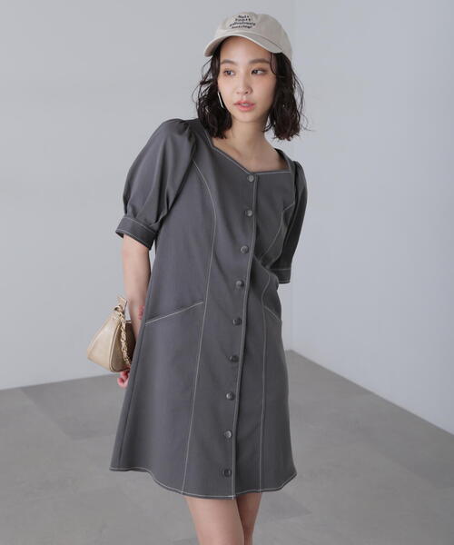 FREE'S MART（フリーズマート）の「◆配色ステッチ前開きミニワンピース（ワンピース・レディース・ホワイト/ブラック/グレー・SMALL/MEDIUM）」の15枚目の写真