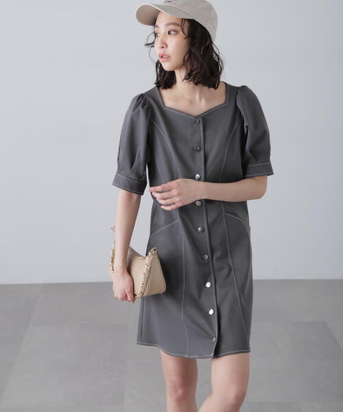 FREE'S MART（フリーズマート）の「◆配色ステッチ前開きミニワンピース（ワンピース・レディース・ホワイト/ブラック/グレー・SMALL/MEDIUM）」の19枚目の写真