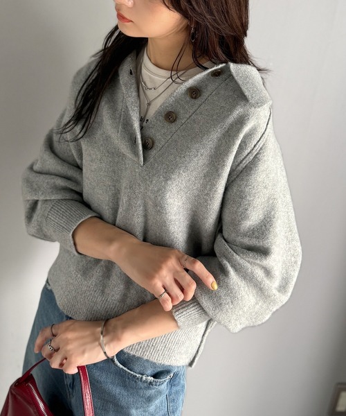 セール】ふんわり＆もっちりな肌ざわり。襟付きラグランスリーブニット