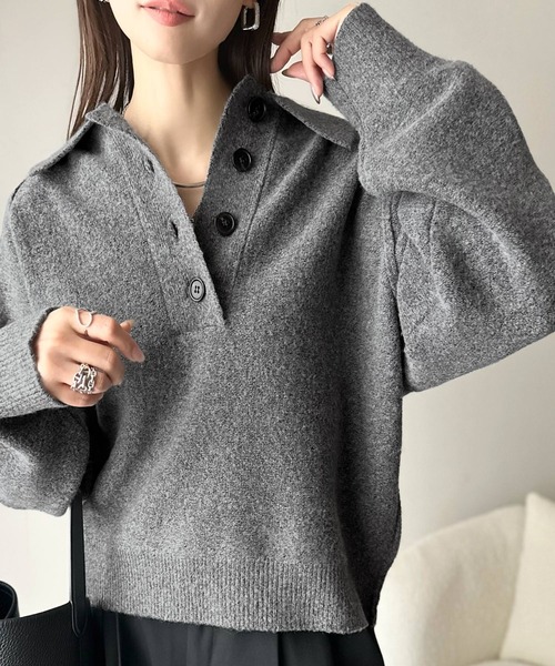 セール】ふんわり＆もっちりな肌ざわり。襟付きラグランスリーブニット