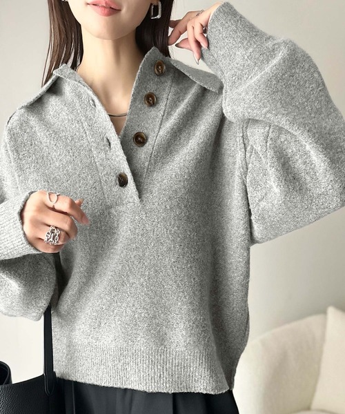 セール】ふんわり＆もっちりな肌ざわり。襟付きラグランスリーブニット