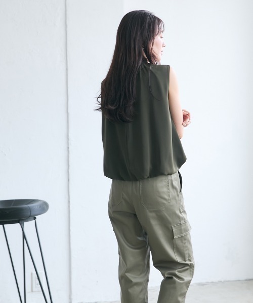 小さいサイズ ハイネックギャザーノースリバルーンブラウス 低