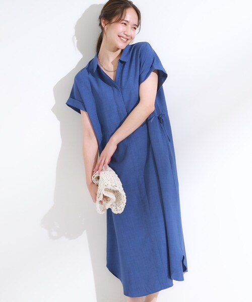DRESKIP(ドレスキップ)の「【S-LL】お顔周りすっきり 麻調スキッパーシャツワンピース(ワンピース・レディース・チャコールグレー/ダークブラウン/マスタード/ネイビー・01/02/03/04)」の4枚目の写真