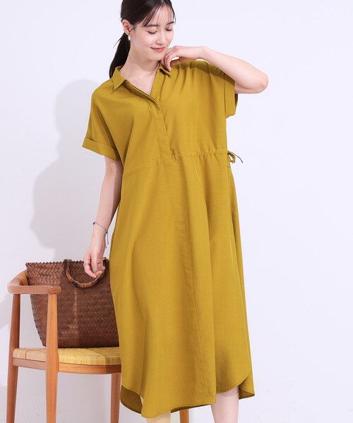 DRESKIP(ドレスキップ)の「【S-LL】お顔周りすっきり 麻調スキッパーシャツワンピース(ワンピース・レディース・チャコールグレー/ダークブラウン/マスタード/ネイビー・01/02/03/04)」の1枚目の写真