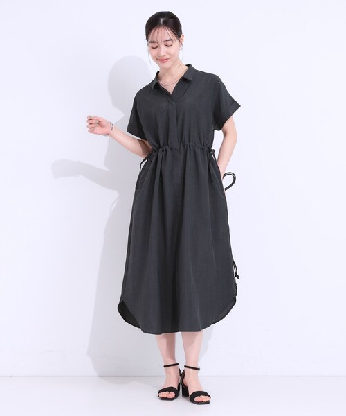 DRESKIP(ドレスキップ)の「【S-LL】お顔周りすっきり 麻調スキッパーシャツワンピース(ワンピース・レディース・チャコールグレー/ダークブラウン/マスタード/ネイビー・01/02/03/04)」の5枚目の写真