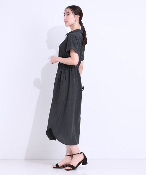 DAMA collection  シャツワンピース　黒　L キュプラ セール】【S-LL】お顔周りすっきり 麻調スキッパーシャツ