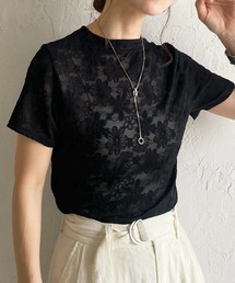 半袖ショート丈花柄Tシャツ/シアートップス