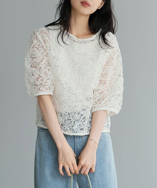 itto...(イット)の「コードレース5分袖シアートップス(シャツ/ブラウス・レディース・オフホワイト/ブラック/ベージュ・M)」の2枚目の写真