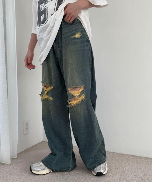 WEGO（ウィゴー）の「WEGO/ダメージワイドデニムパンツ（デニムパンツ・レディース・コバルトブルー/スカイブルー・SMALL/MEDIUM）」の2枚目の写真