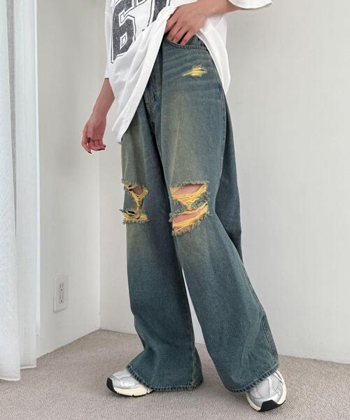 WEGO（ウィゴー）の「WEGO/ダメージワイドデニムパンツ（デニムパンツ・レディース・コバルトブルー/スカイブルー・SMALL/MEDIUM）」の3枚目の写真