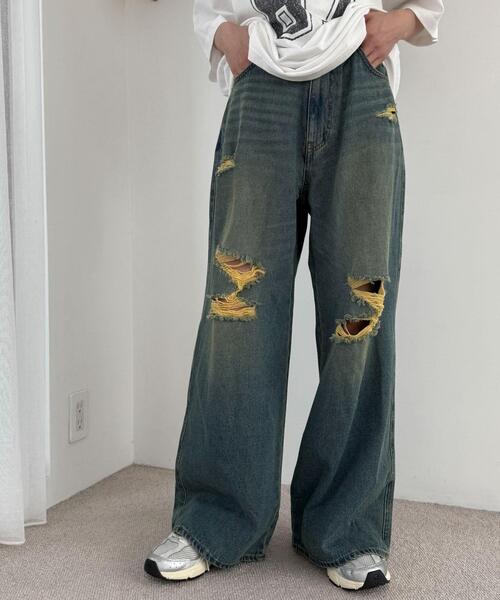 WEGO（ウィゴー）の「WEGO/ダメージワイドデニムパンツ（デニムパンツ・レディース・コバルトブルー/スカイブルー・SMALL/MEDIUM）」の4枚目の写真