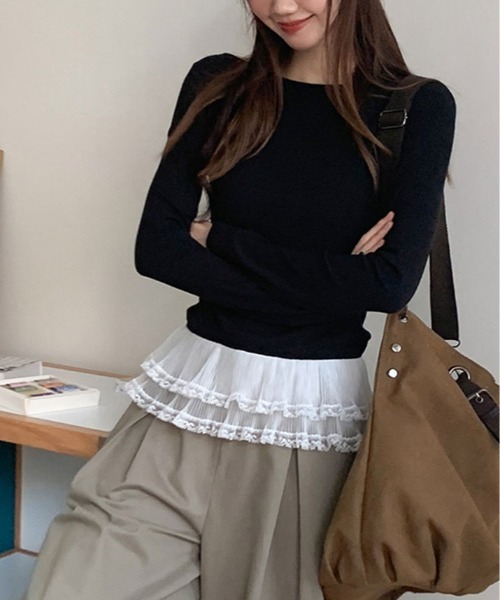 kirakiraShop(キラキラショップ)の「裾シアー レース 切り替え トップス(Tシャツ/カットソー・レディース・グレー/ブラック/ホワイト・FREE)」の3枚目の写真