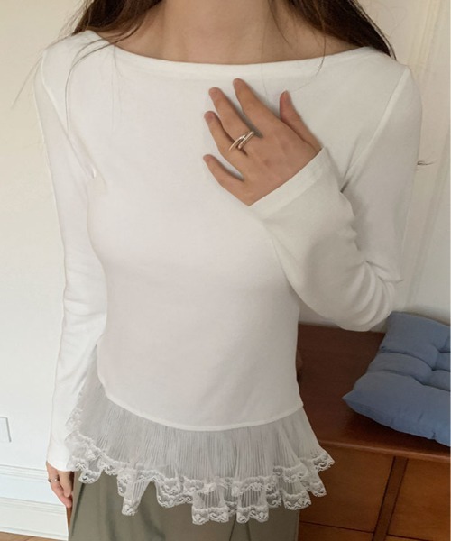 kirakiraShop(キラキラショップ)の「裾シアー レース 切り替え トップス(Tシャツ/カットソー・レディース・グレー/ブラック/ホワイト・FREE)」の6枚目の写真