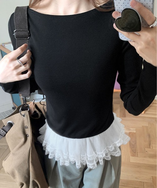 kirakiraShop(キラキラショップ)の「裾シアー レース 切り替え トップス(Tシャツ/カットソー・レディース・グレー/ブラック/ホワイト・FREE)」の8枚目の写真