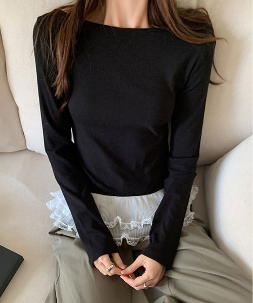 kirakiraShop(キラキラショップ)の「裾シアー レース 切り替え トップス(Tシャツ/カットソー・レディース・グレー/ブラック/ホワイト・FREE)」の9枚目の写真