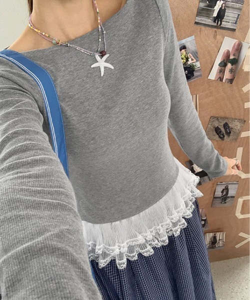 kirakiraShop(キラキラショップ)の「裾シアー レース 切り替え トップス(Tシャツ/カットソー・レディース・グレー/ブラック/ホワイト・FREE)」の12枚目の写真