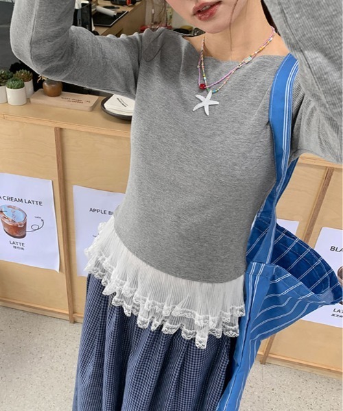 kirakiraShop(キラキラショップ)の「裾シアー レース 切り替え トップス(Tシャツ/カットソー・レディース・グレー/ブラック/ホワイト・FREE)」の13枚目の写真
