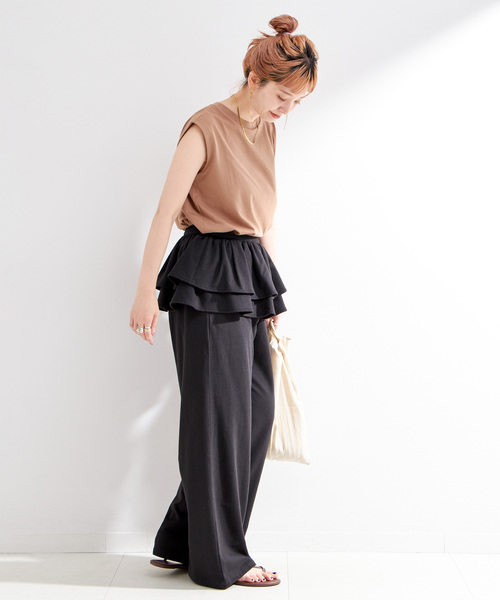 B.C STOCK（ベーセーストック）の「《2点セット》ウォッシャブル / フリルスカート付きスウェットパンツ（スウェットパンツ・レディース・チャコールグレー/ブラック・FREE）」の5枚目の写真