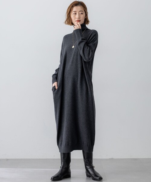 IENA ウールカシミヤ タートルネック ニットワンピース チャコールグレー セール】カシミヤブレンド タートルネック ニットワンピース