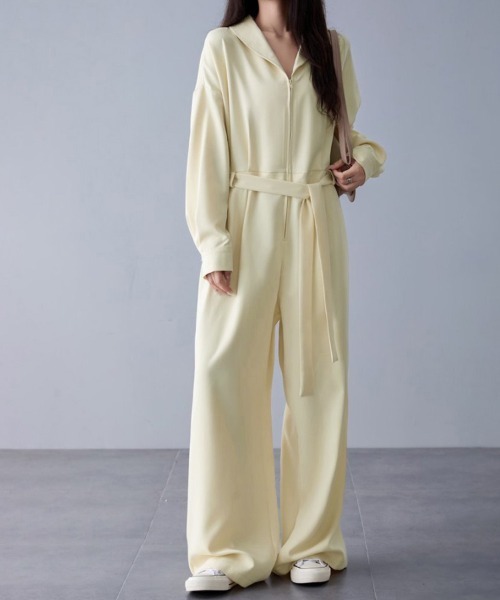 ウエストリボンワイドパンツオールインワン（つなぎ/オールインワン