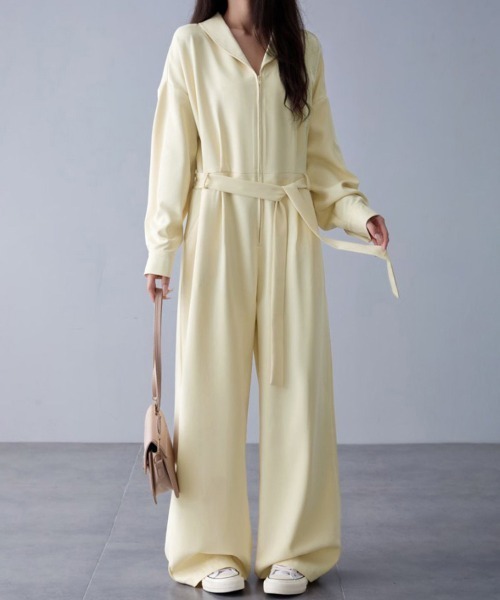 ウエストリボンワイドパンツオールインワン（つなぎ/オールインワン