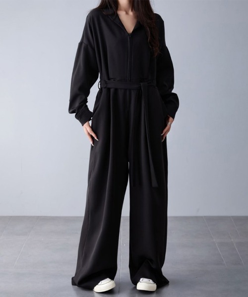 ウエストリボンワイドパンツオールインワン（つなぎ/オールインワン