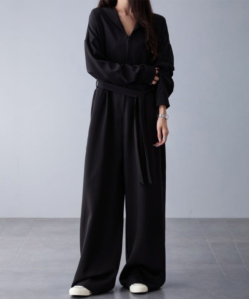 セール】ウエストリボンワイドパンツオールインワン（つなぎ