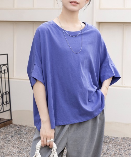 ONEP STAR(ワンピスター)の「ふんわり袖×ラウンドヘムスリット入りTシャツ(Tシャツ/カットソー・レディース・ブラック/ブルーパープル・MEDIUM)」の7枚目の写真