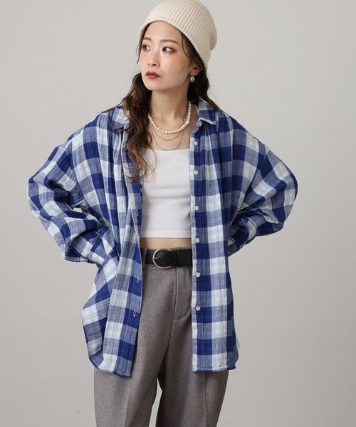 OMNES(オムネス)の「ダブルガーゼ丸襟長袖シャツ(シャツ/ブラウス・レディース・モカ/ブルー系その他/パープル/ネイビー系/ブラック・FREE)」の1枚目の写真