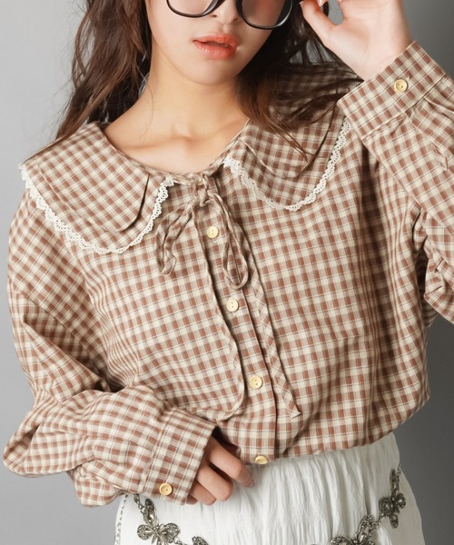 SPINNS(スピンズ)の「長袖ブラウス/ギンガムチェック/NEO森ガール(シャツ/ブラウス・レディース・ブラック/ブラウン/カーキ・ONESIZE)」の3枚目の写真