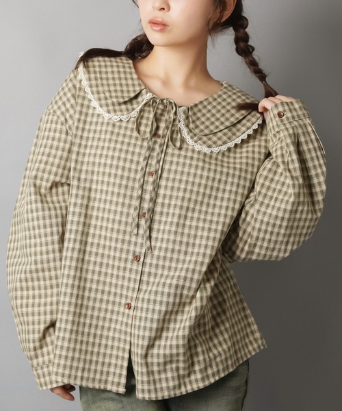 SPINNS(スピンズ)の「長袖ブラウス/ギンガムチェック/NEO森ガール(シャツ/ブラウス・レディース・ブラック/ブラウン/カーキ・ONESIZE)」の1枚目の写真