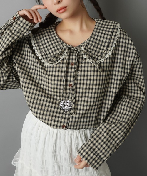 SPINNS(スピンズ)の「長袖ブラウス/ギンガムチェック/NEO森ガール(シャツ/ブラウス・レディース・ブラック/ブラウン/カーキ・ONESIZE)」の2枚目の写真