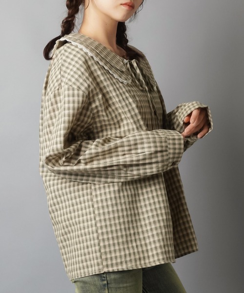 SPINNS(スピンズ)の「長袖ブラウス/ギンガムチェック/NEO森ガール(シャツ/ブラウス・レディース・ブラック/ブラウン/カーキ・ONESIZE)」の7枚目の写真