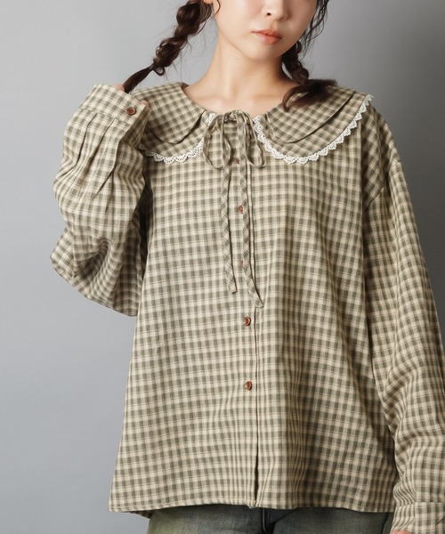 SPINNS(スピンズ)の「長袖ブラウス/ギンガムチェック/NEO森ガール(シャツ/ブラウス・レディース・ブラック/ブラウン/カーキ・ONESIZE)」の4枚目の写真