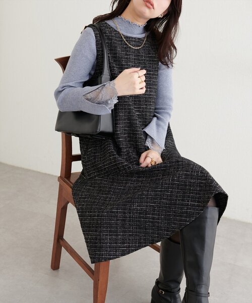 natural couture（ナチュラルクチュール）の「〈canami〉ツイードチェックミニワンピース（ワンピース・レディース・ベージュ/オフホワイト/グレー/ブラック・MEDIUM/LARGE）」の3枚目の写真