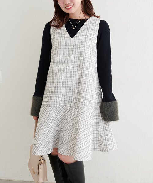〈canami〉ツイードチェックミニワンピース セール】〈canami〉ツイードチェックミニワンピース（ワンピース