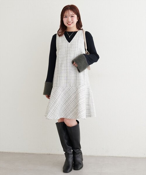 natural couture（ナチュラルクチュール）の「〈canami〉ツイードチェックミニワンピース（ワンピース・レディース・ベージュ/オフホワイト/グレー/ブラック・MEDIUM/LARGE）」の8枚目の写真