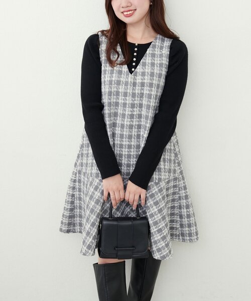 natural couture（ナチュラルクチュール）の「〈canami〉ツイードチェックミニワンピース（ワンピース・レディース・ベージュ/オフホワイト/グレー/ブラック・MEDIUM/LARGE）」の10枚目の写真