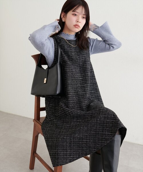 natural couture（ナチュラルクチュール）の「〈canami〉ツイードチェックミニワンピース（ワンピース・レディース・ベージュ/オフホワイト/グレー/ブラック・MEDIUM/LARGE）」の15枚目の写真