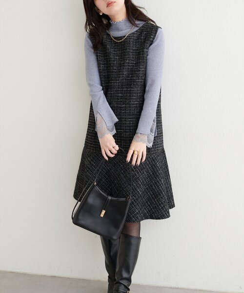 natural couture（ナチュラルクチュール）の「〈canami〉ツイードチェックミニワンピース（ワンピース・レディース・ベージュ/オフホワイト/グレー/ブラック・MEDIUM/LARGE）」の16枚目の写真