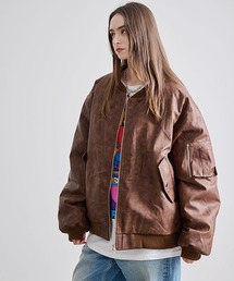 Revo. ウォッシャブル シンセティックレザー パデッド MA-1 ブルゾン 中綿ジャケット