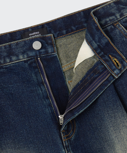 MUSINSA STANDARD（ムシンサスタンダード）の「ビッグブラシワンタックバミューダデニムパンツ[イエローダークブルー]（デニムパンツ・メンズ・その他・26/27/31/36/38/30/32/33/40/42/34/28/29）」の3枚目の写真
