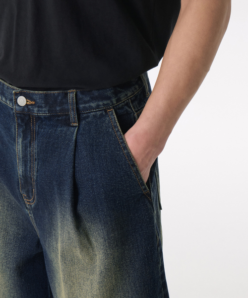 MUSINSA STANDARD（ムシンサスタンダード）の「ビッグブラシワンタックバミューダデニムパンツ[イエローダークブルー]（デニムパンツ・メンズ・その他・26/27/31/36/38/30/32/33/40/42/34/28/29）」の4枚目の写真
