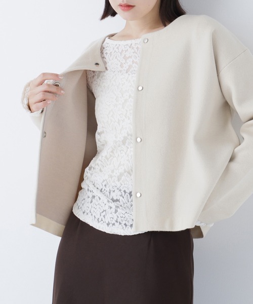NATURAL BEAUTY BASIC（ナチュラルビューティーベーシック）の「◇バイカラー接結カーディガン（カーディガン/ボレロ・レディース・ベージュ系その他/パープル系その他/グレー系その他・FREE）」の2枚目の写真