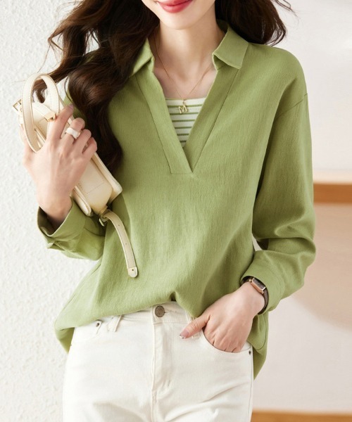 ONEP STAR(ワンピスター)の「ストライプデザインレイヤードシャツ(シャツ/ブラウス・レディース・グリーン・X-LARGE/LARGE/MEDIUM)」の6枚目の写真