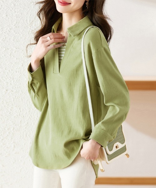 ONEP STAR(ワンピスター)の「ストライプデザインレイヤードシャツ(シャツ/ブラウス・レディース・グリーン・X-LARGE/LARGE/MEDIUM)」の7枚目の写真